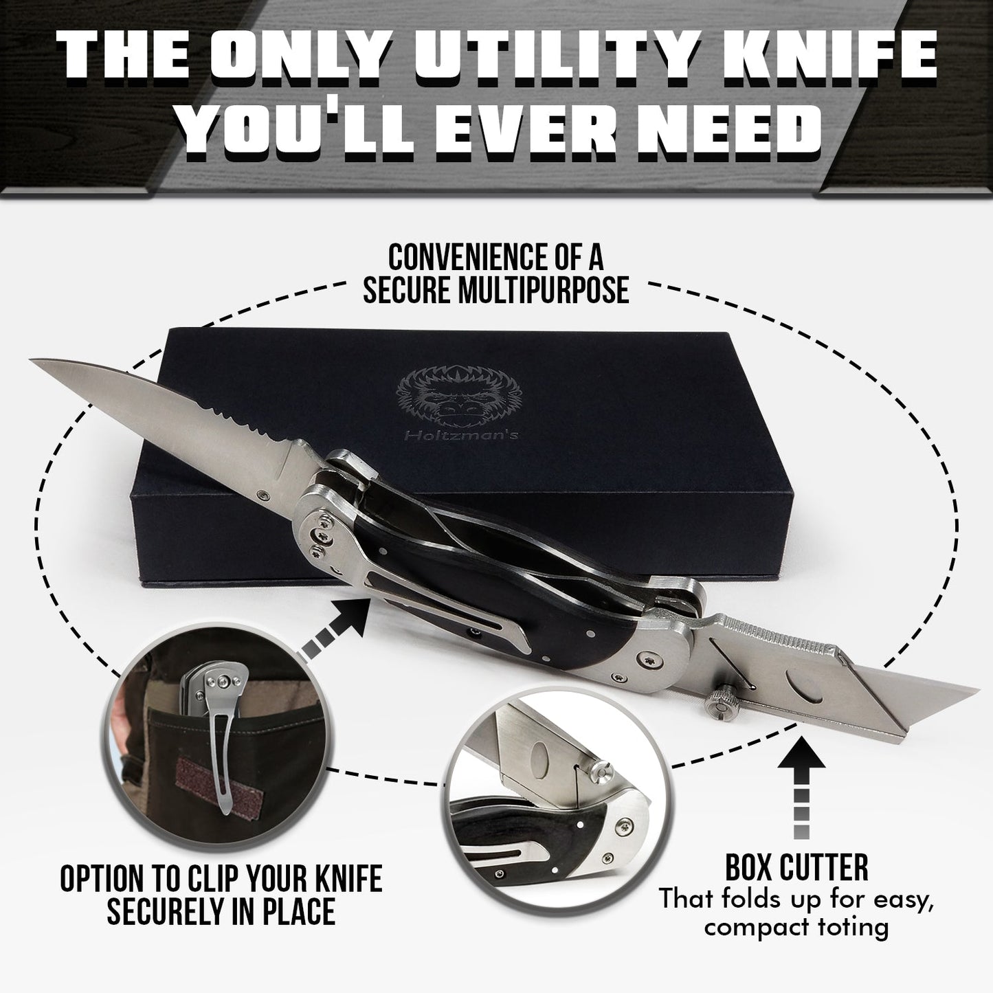 Holtzman's Gorilla Survival Premium Utility Knife, Folding Pocket Knife Combo, Box Cutter, Heavy Duty Dual Blades W/Belt Clip Gift Set for Dad Carpenter or Construction Worker