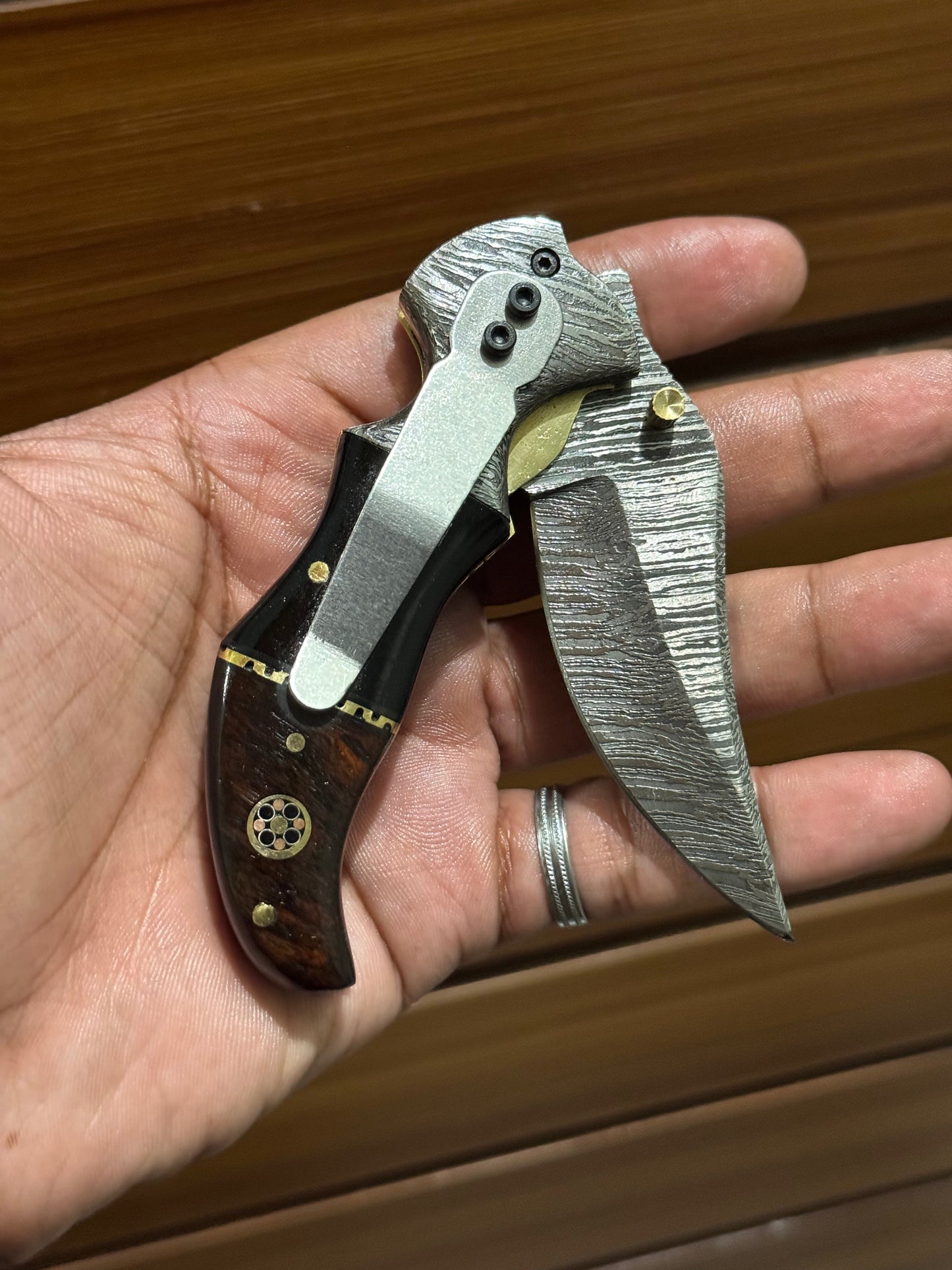 KBS Knives Damascus Handmade Custom Folding Pocket Knife with Buffalo Horn and Rosewood Handle, 3.2-inch Blade Length