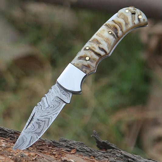 Shokunin USA Damascus Pocket Knife with Exotic Ram Horn Handle & Leather Sheath