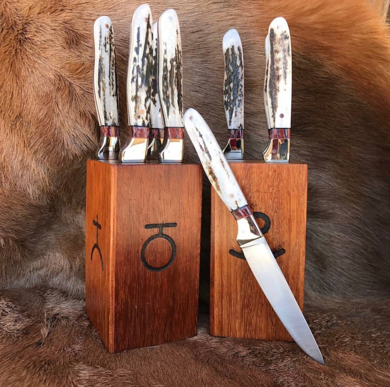 KBS Knives Stainless Elegance: 6-Piece BBQ Steak Knives Set with D2 Steel Blades and Antler Horn Handles in a Wooden Box