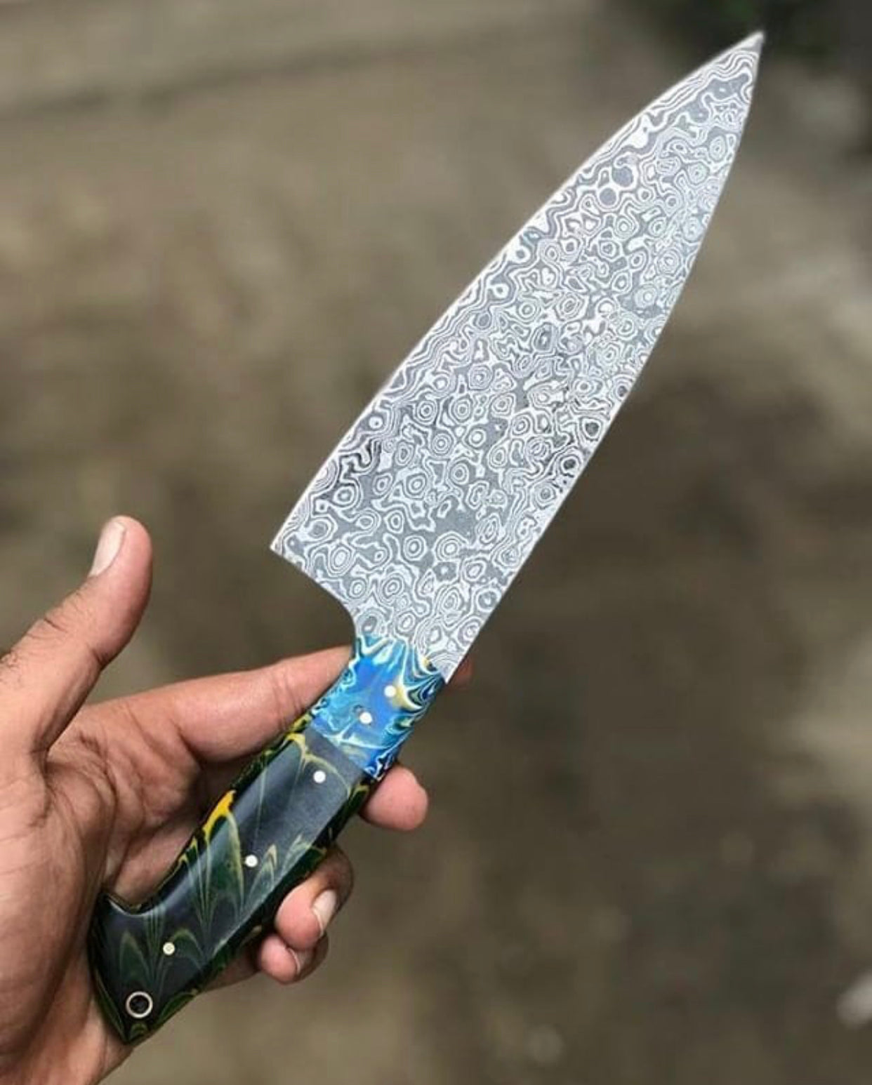 KBS Knives Custom Handmade Raindrop Damascus Chef Knife – Resin Handle, 13"