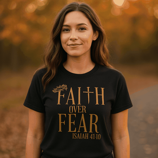 Steadfast American Faith Over Fear Christian T-Shirt – Isaiah 41:10 – Bella Canvas or Comfort Colors Tee