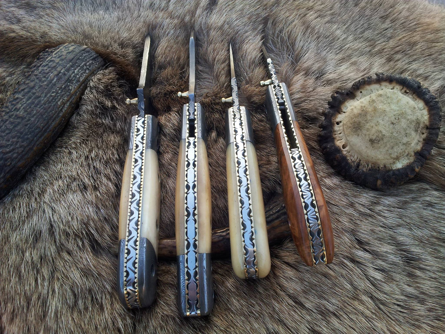 KBS Knives Everyday Carry Deal of 3 Damascus Steel Folding Pocket Knives with Bone and Burl Olivewood Handles – The Trio Edge