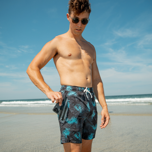 Dry Pocket Midnight Palms - Waterproof Pocket Swim Shorts - Athletic Liner