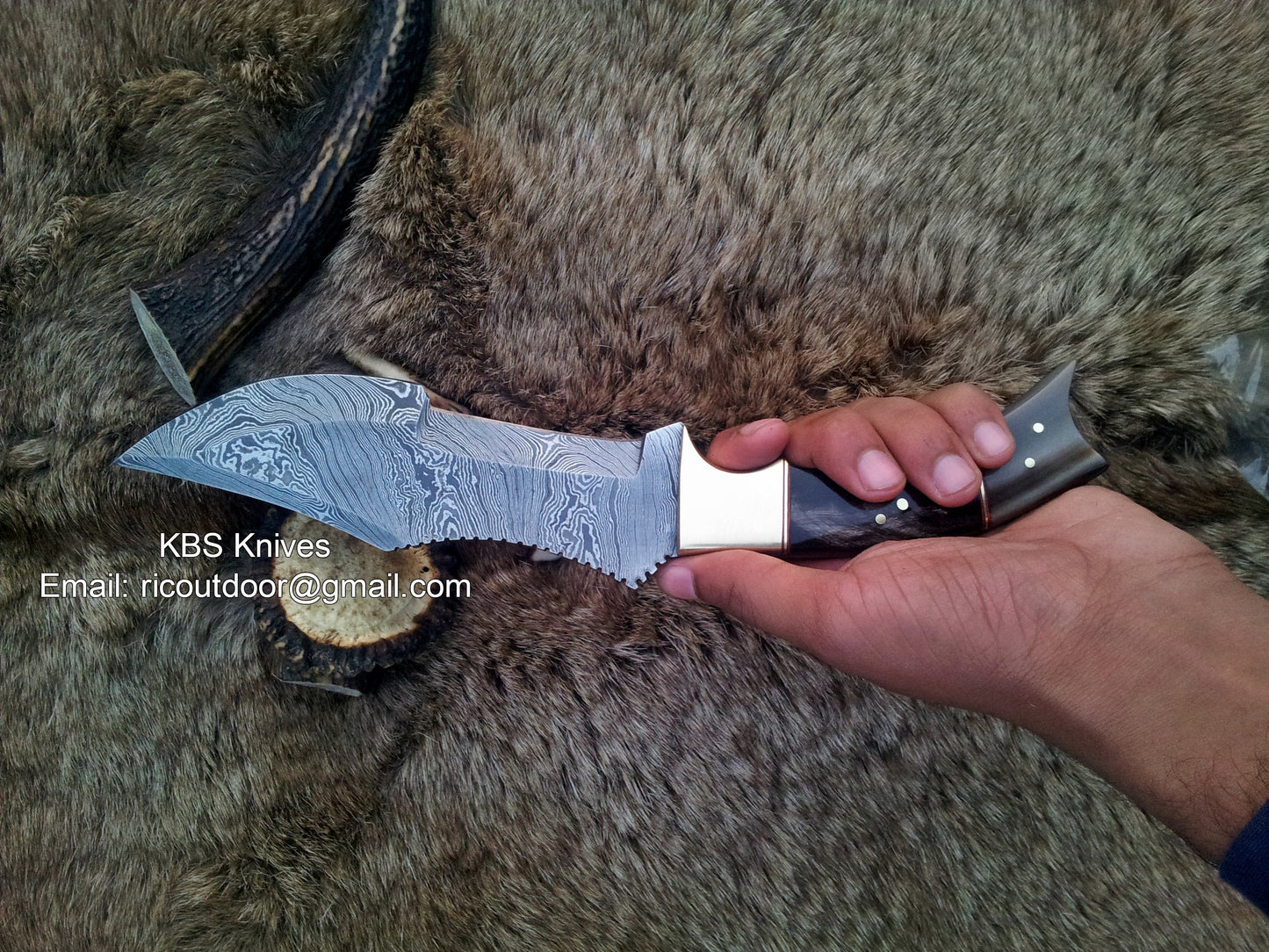 KBS Knives Damascus Steel Blade Tracker Knife with Buffalo Horn Handle & Leather Sheath – Custom Handmade 12-Inch Survival Knife by KBS Knives