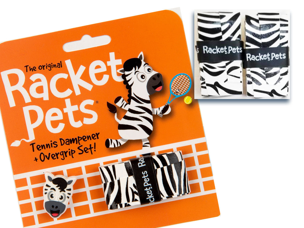 Racket Pets VALUE PACK - A Black and White Zebra Racket Pet Tennis Dampener and Overgrip Tape with a (Pack of 2) Replacement Overgrip Tape