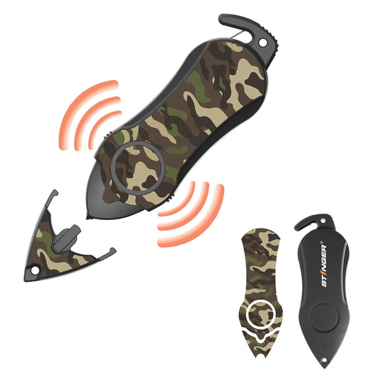 Stinger Survival Tools Stinger Personal Safety Alarm Keychain Emergency Tool: Siren Alarm, Seat Belt Cutter, Glass Breaker (Camouflage Green)