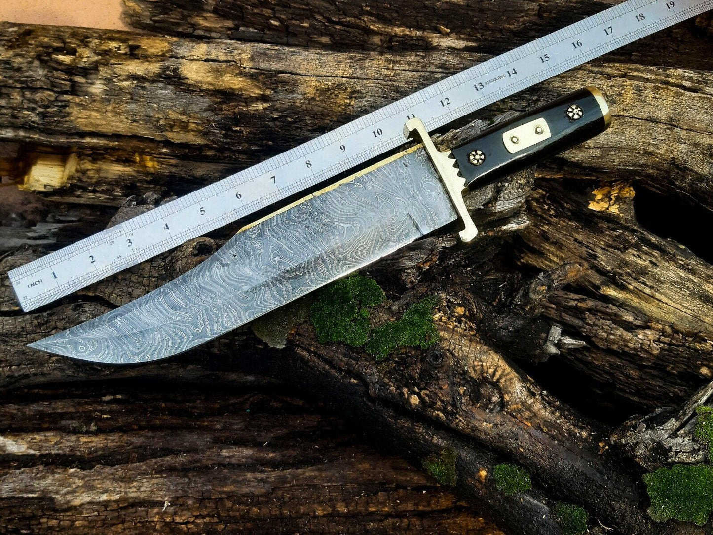 Texan Knives 13-Inch Damascus Steel Cowboy Bowie Knife with Buffalo Horn Handle & Leather Sheath – Perfect Gift for Knife Enthusiasts