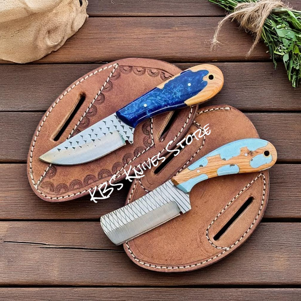 KBS Knives Ranch Cowboy Knives and Sheaths Set - 3.75" Rasp Steel Bull Cutter & Cowboy Knife with Epoxy Olivewood Handles