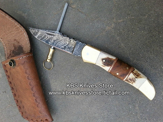 KBS Knives Everyday Carry Custom Handcrafted Damascus Steel Double Blade Folding Pocket Knife – The Dual Edge