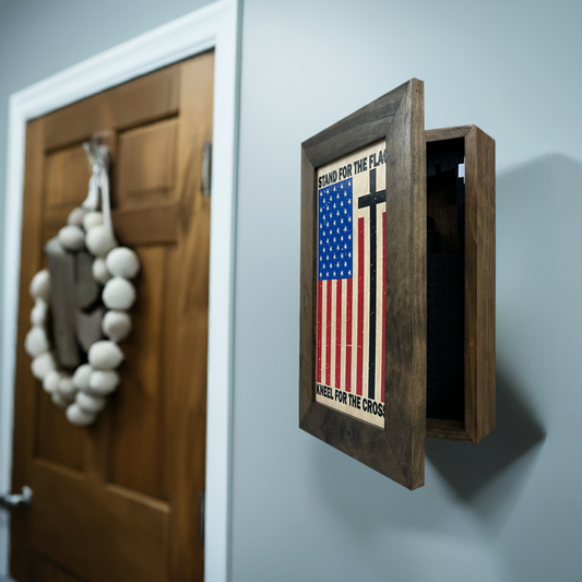 Bellewood Designs - American Flag and Cross Hidden Gun Storage Cabinet
