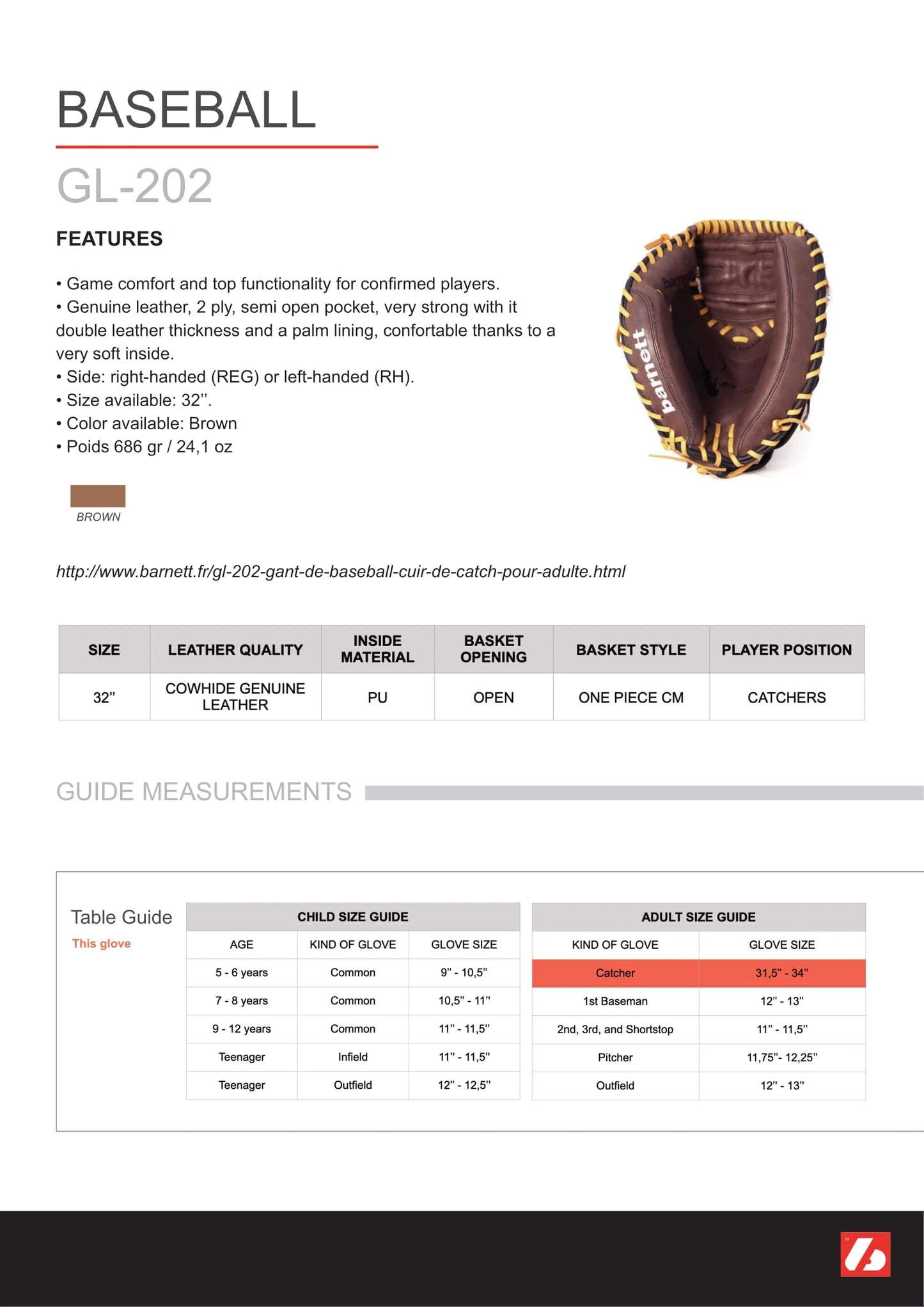 Barnett GL-202 Competition catcher baseball glove, genuine leather, adult 32, Brown