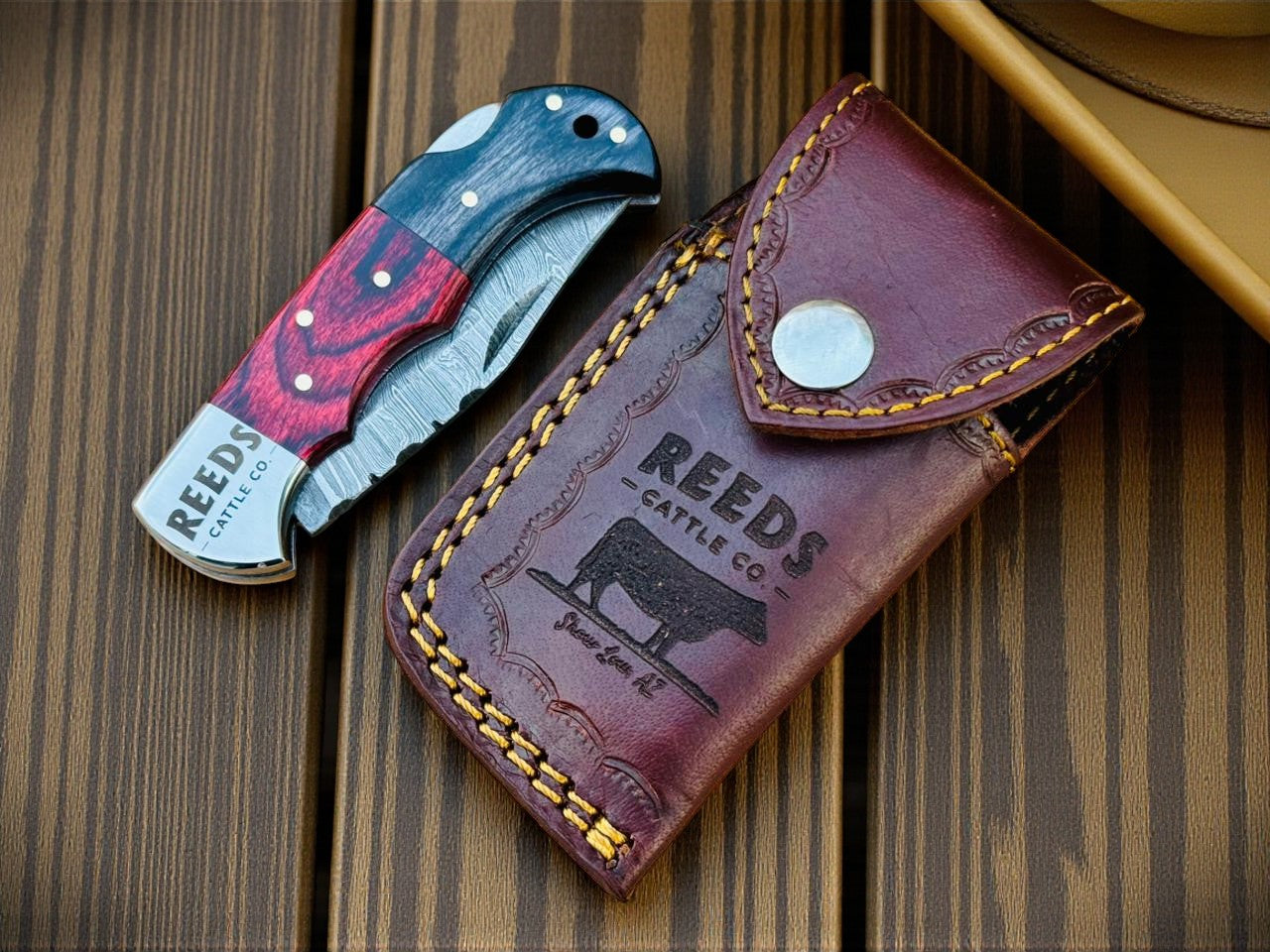 Damascus Knife Store Folding Pocket Knife 3" Damascus Blade with Red/Black Pakka Wood