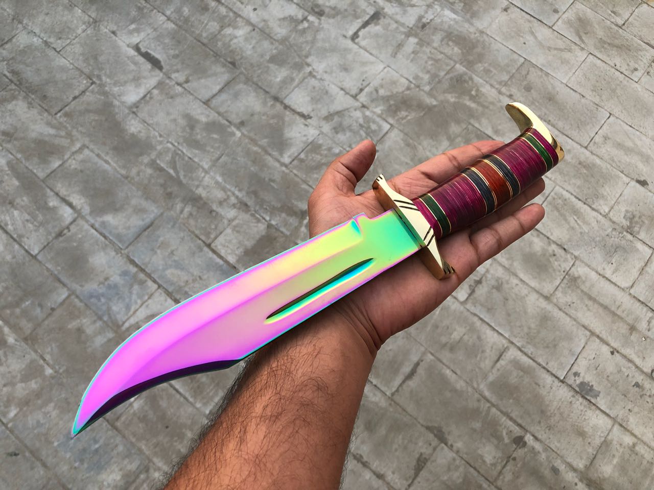 KBS Knives Wild Hunter Bowie Knife - Custom Handcrafted Heavy Gauge D2 Titanium Colored Steel Blade, Colored Exotic Woods Handle, Brass Spacers and Guard, 15" Overall Length | Leather Sheath | KBS Knives