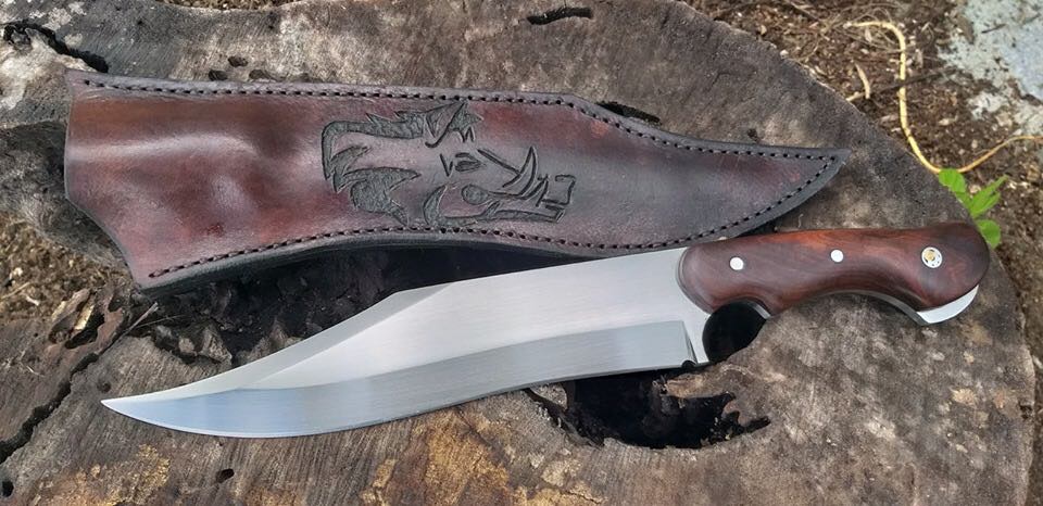 KBS Knives Wild Pig Hunting Bowie Knife with Leather Sheath for Sale – Custom Handmade Heavy-Duty Full Tang 1095 High Carbon Steel Blade, Rosewood Handle | 15-Inch Hunting Knife – KBS Knives