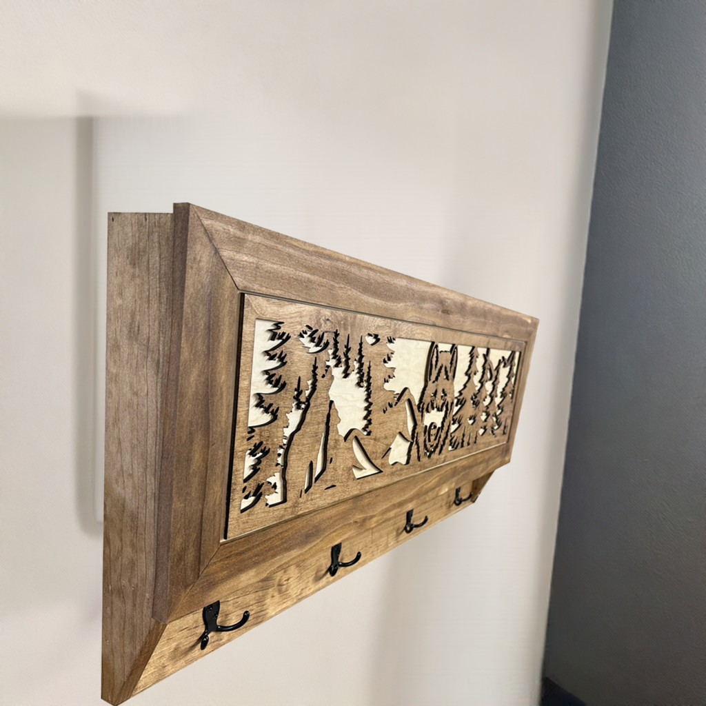 Bellewood Designs - Wolf in the Wild Hidden Gun Storage - Coat Rack Concealment Shelf with Hooks for Coats, Bags, & Hats - Quick Access Hidden Gun Shelf - Secure Magnetic Lock