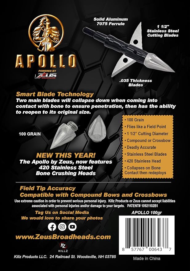 KILLZ APOLLO 100 GRAIN BROADHEADS (3 PACK)(FORMERLY HERA)