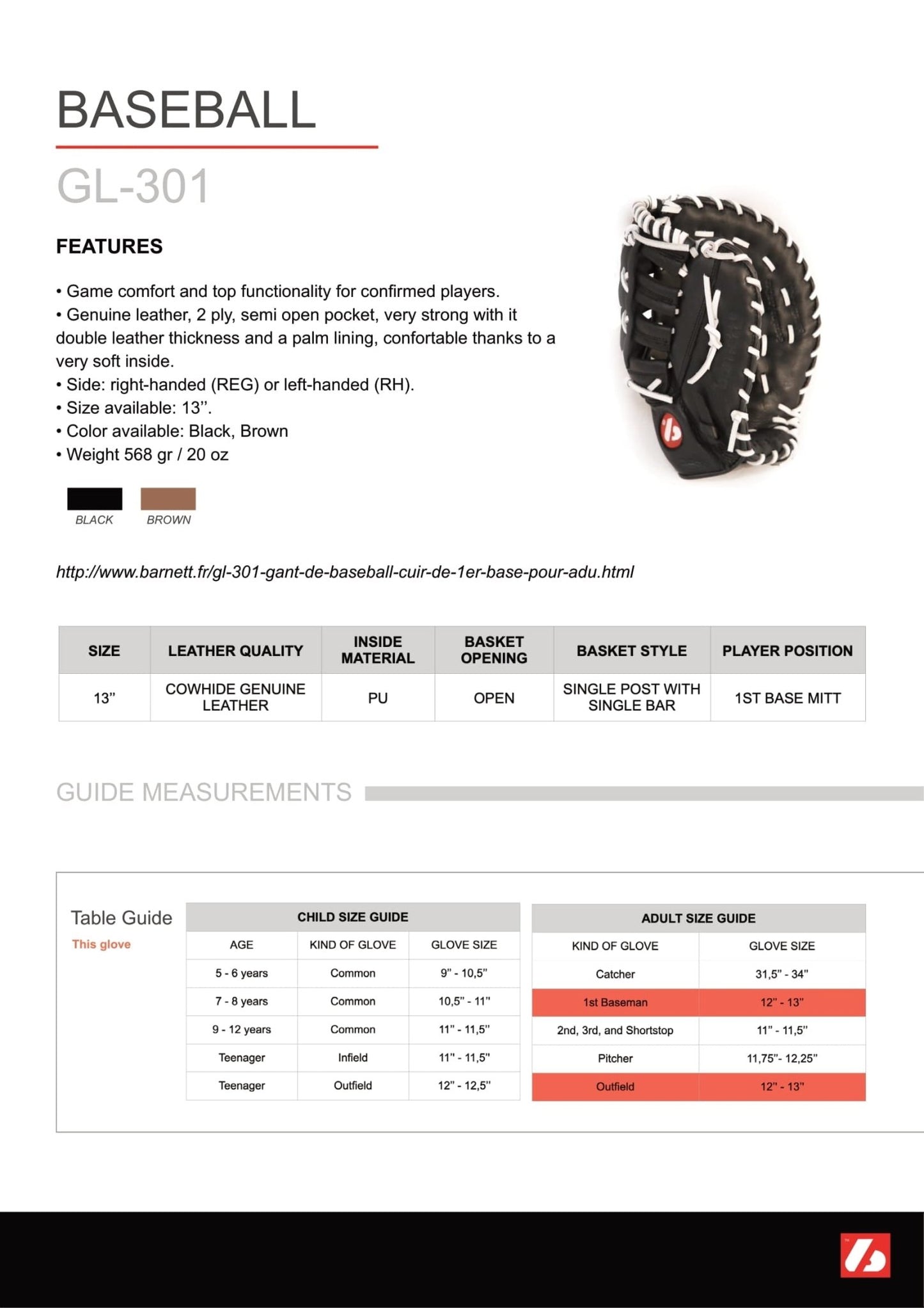 Barnett GL - 301 Competition first base baseball glove, genuine leather, size 31, Brown - Angler's Pro Tackle & Outdoors