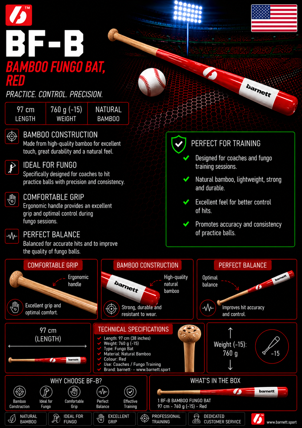 Barnett BF-B Baseball bat, fungo bamboo, size 35 (88,9 cm) Black