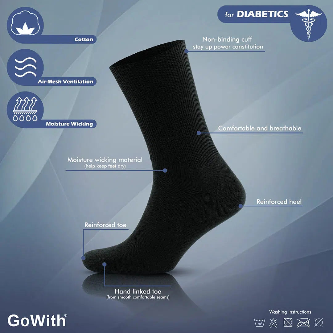 GoWith Men's Cotton Black Crew Seamless Diabetic Socks