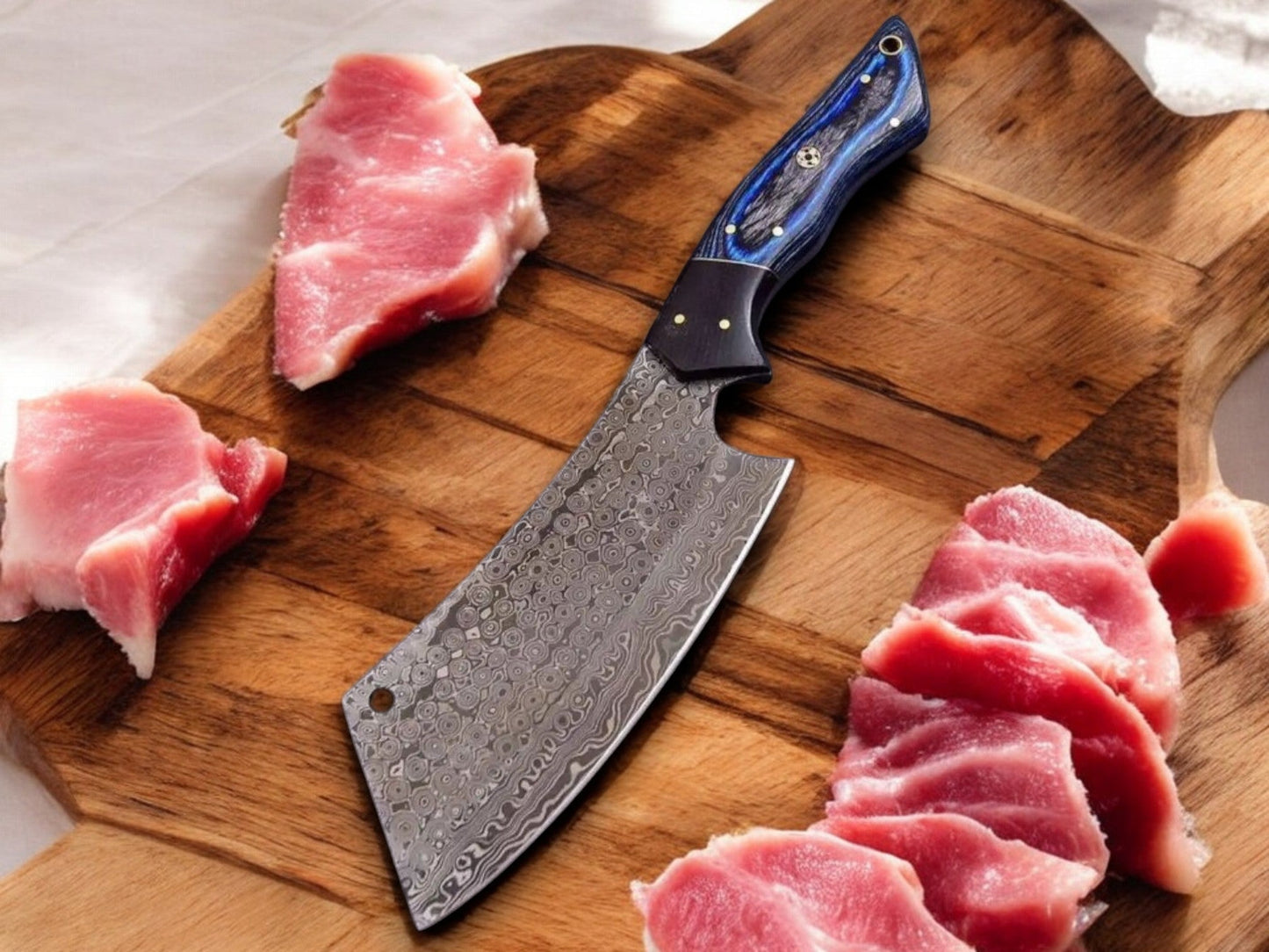 KBS Knives Custom Handmade Damascus Steel Best Cleaver Knife with Blue Pakka Wood Handle – 10" with Leather Sheath