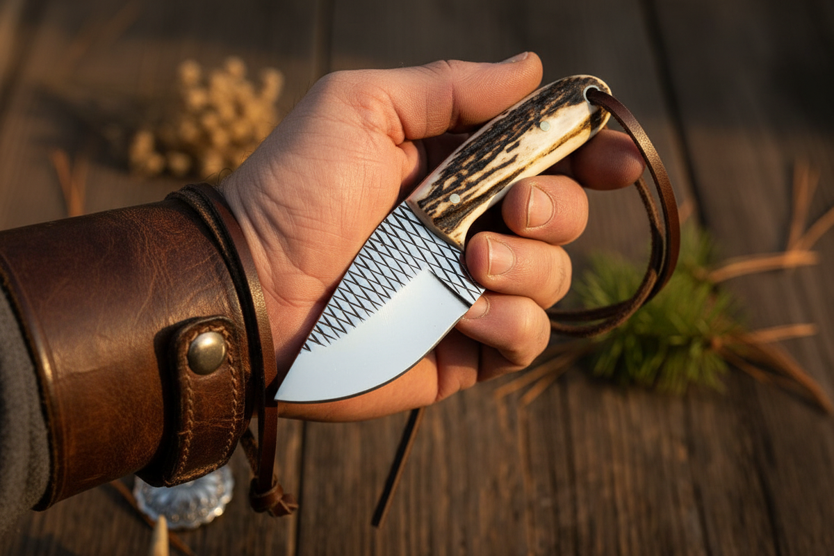 Frontier Cowboy Gear Cowboy Belt Knife – Rasp Tool Steel Blade & Antler Horn Handle with Leather Sheath | 5.2"