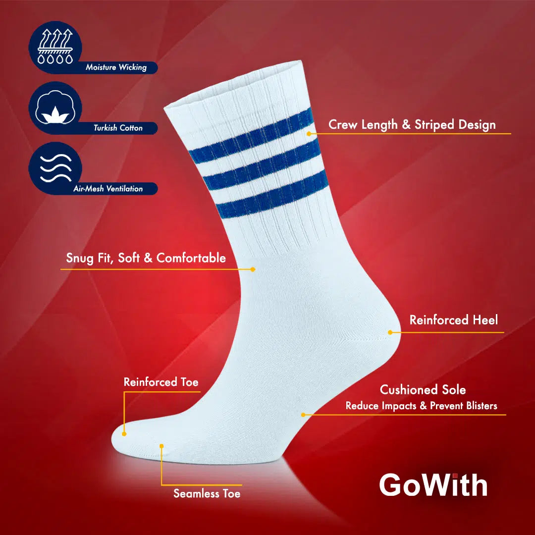 GoWith White Crew Striped Athletic Tennis Socks for Men and Women
