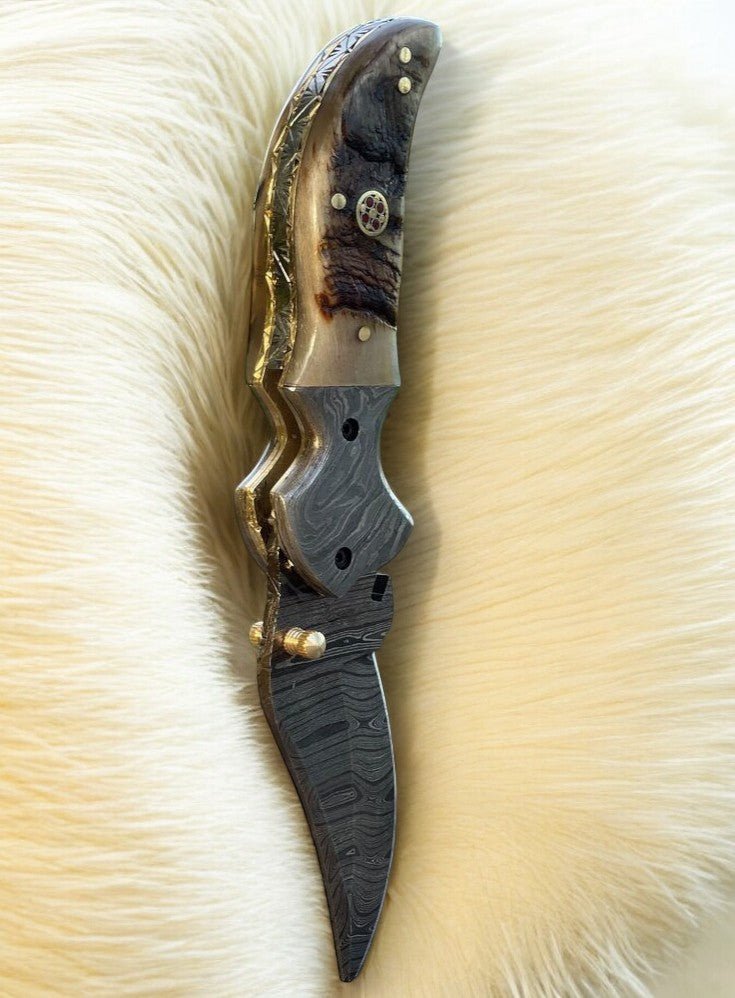 Custom Handmade Damascus Pocket Knife – Sheep Horn Handle - Angler's Pro Tackle & Outdoors