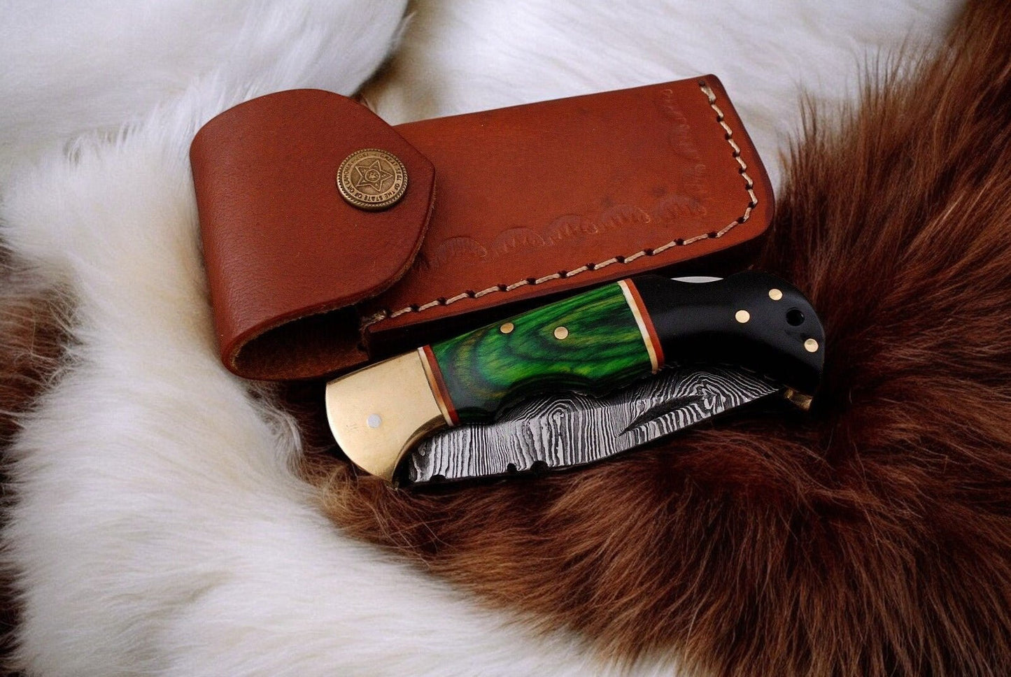Custom Handmade Damascus Pocket Knife with Green Wood Handle - Angler's Pro Tackle & Outdoors