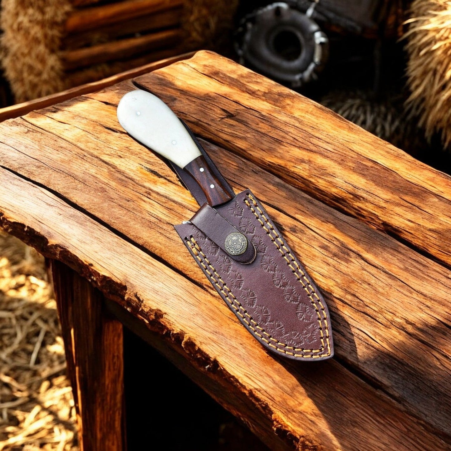 Damascus Knife Store Cowboy Knife with Sheath | Rustic Summer Handmade Damascus Knife - Angler's Pro Tackle & Outdoors