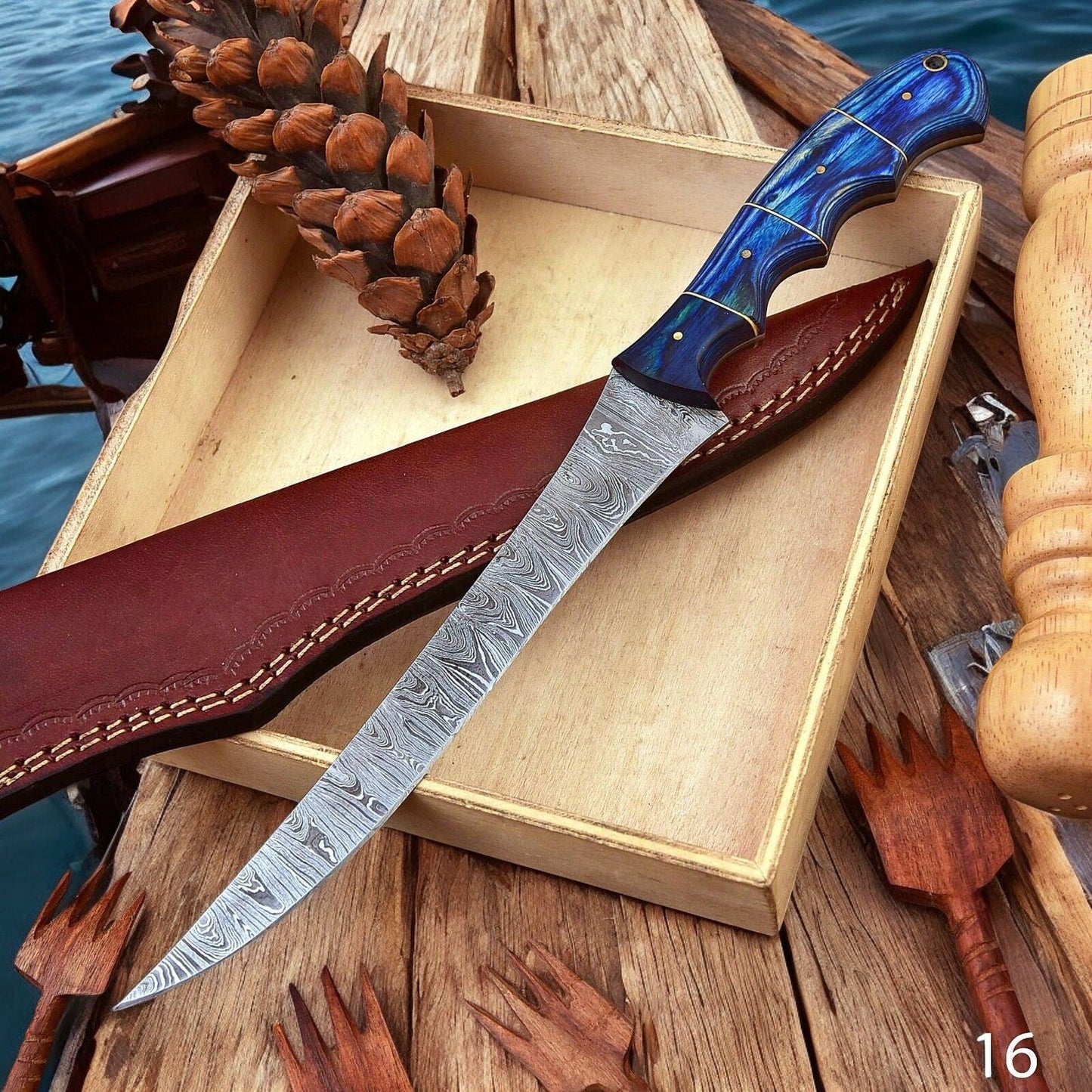 Damascus Knife Store Custom Handmade Damascus Fillet Knife – 12" Exotic Wood Handle - Angler's Pro Tackle & Outdoors