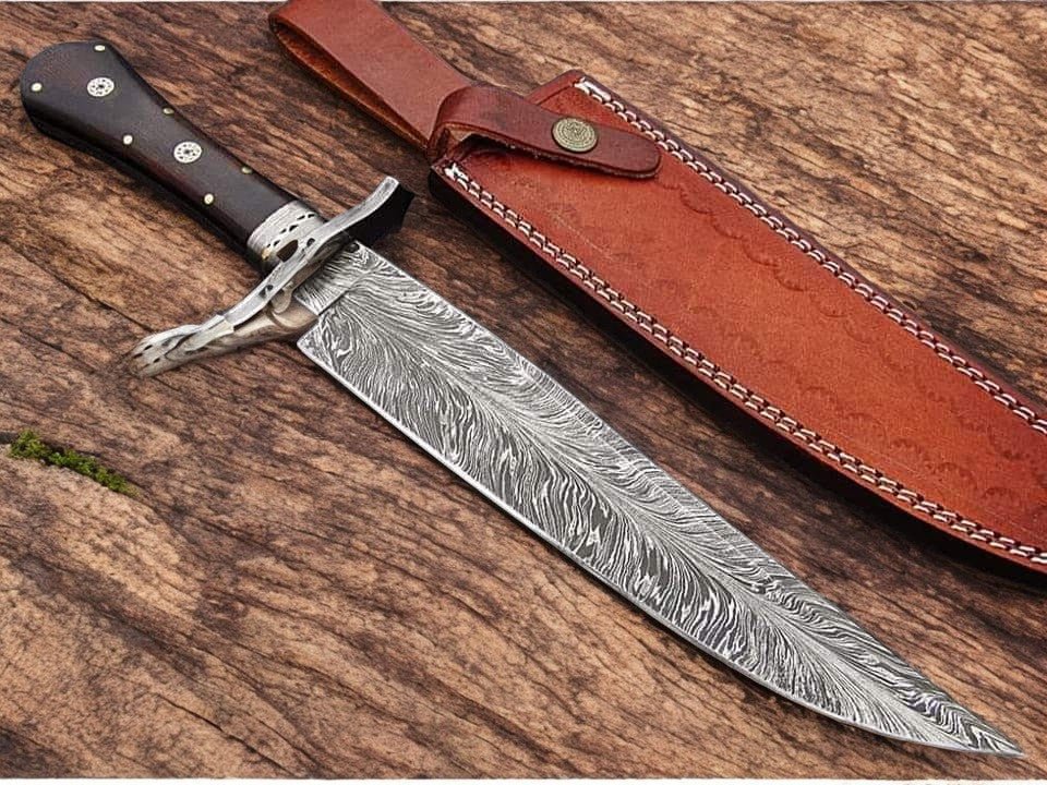Damascus Knife Store Custom Handmade Feather Pattern Damascus Bowie Knife - Angler's Pro Tackle & Outdoors