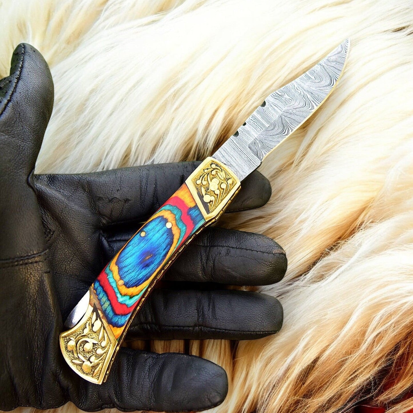 Damascus Knife Store Custom Handmade Pocket Knife with Multi - Color Wood Handle - Angler's Pro Tackle & Outdoors
