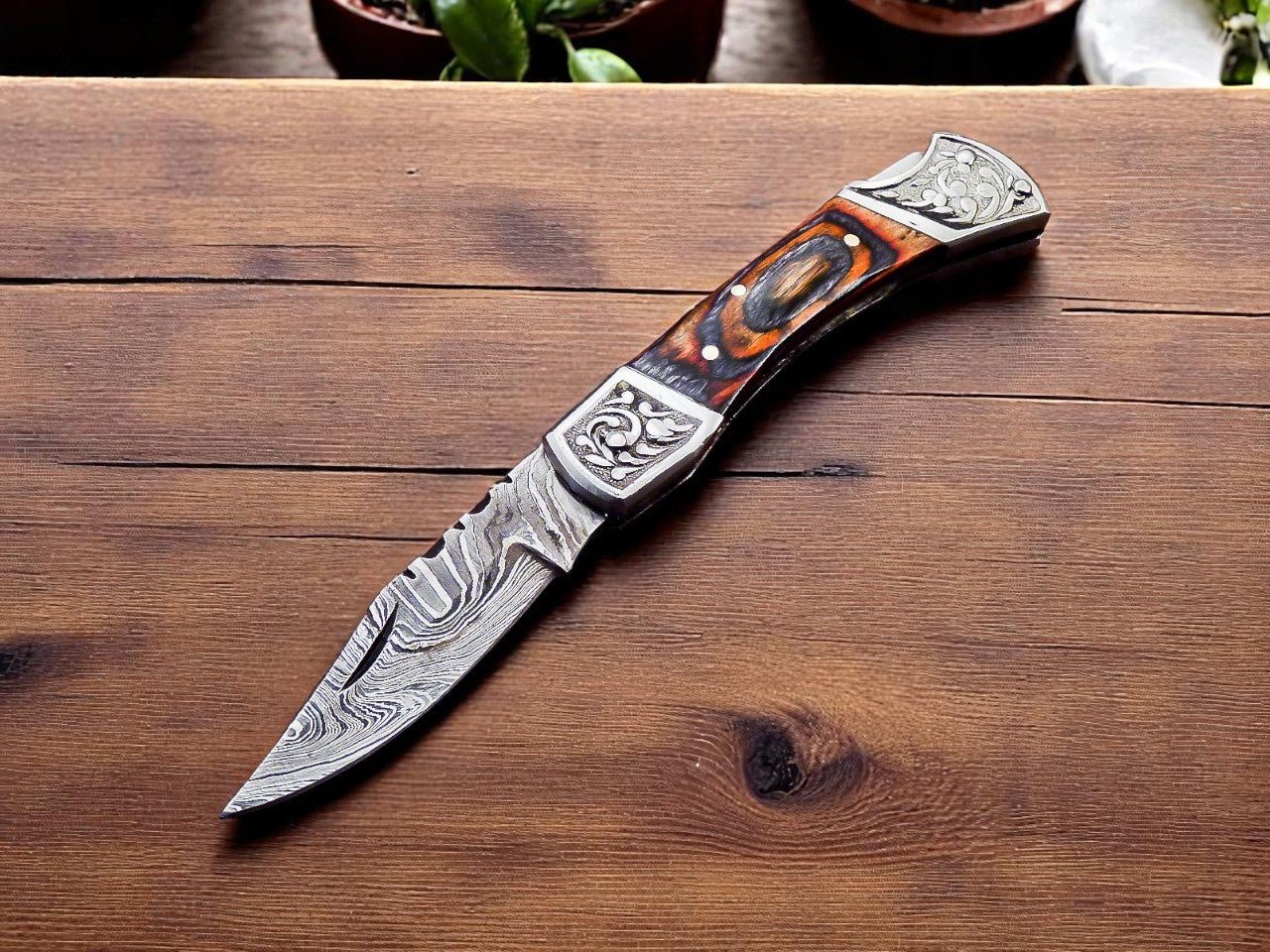 Damascus Knife Store Folding Knife with Exotic Wood Handle - Angler's Pro Tackle & Outdoors