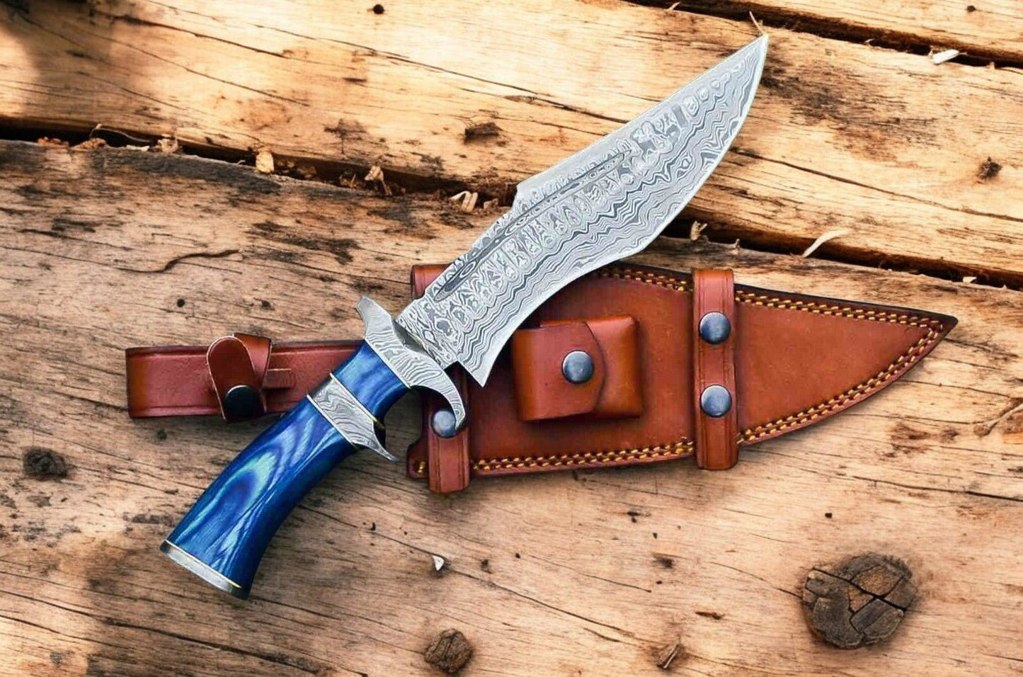 Damascus Knife Store Handmade Damascus Bowie Knife – 15" with Exotic Wood Handle - Angler's Pro Tackle & Outdoors