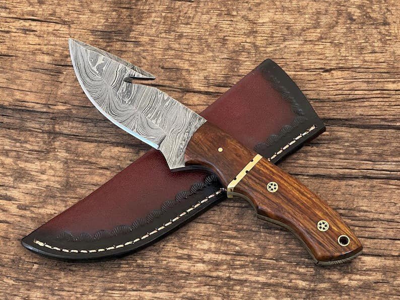 Damascus Knife Store Handmade Damascus Gut Hook Hunting Knife – Rosewood Handle - Angler's Pro Tackle & Outdoors