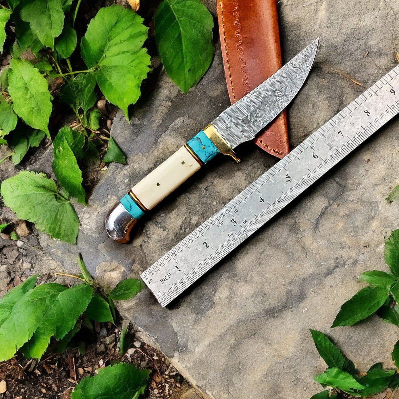 Damascus Knife Store Handmade Damascus Hunting Knife – Turquoise & Bone Handle - Angler's Pro Tackle & Outdoors