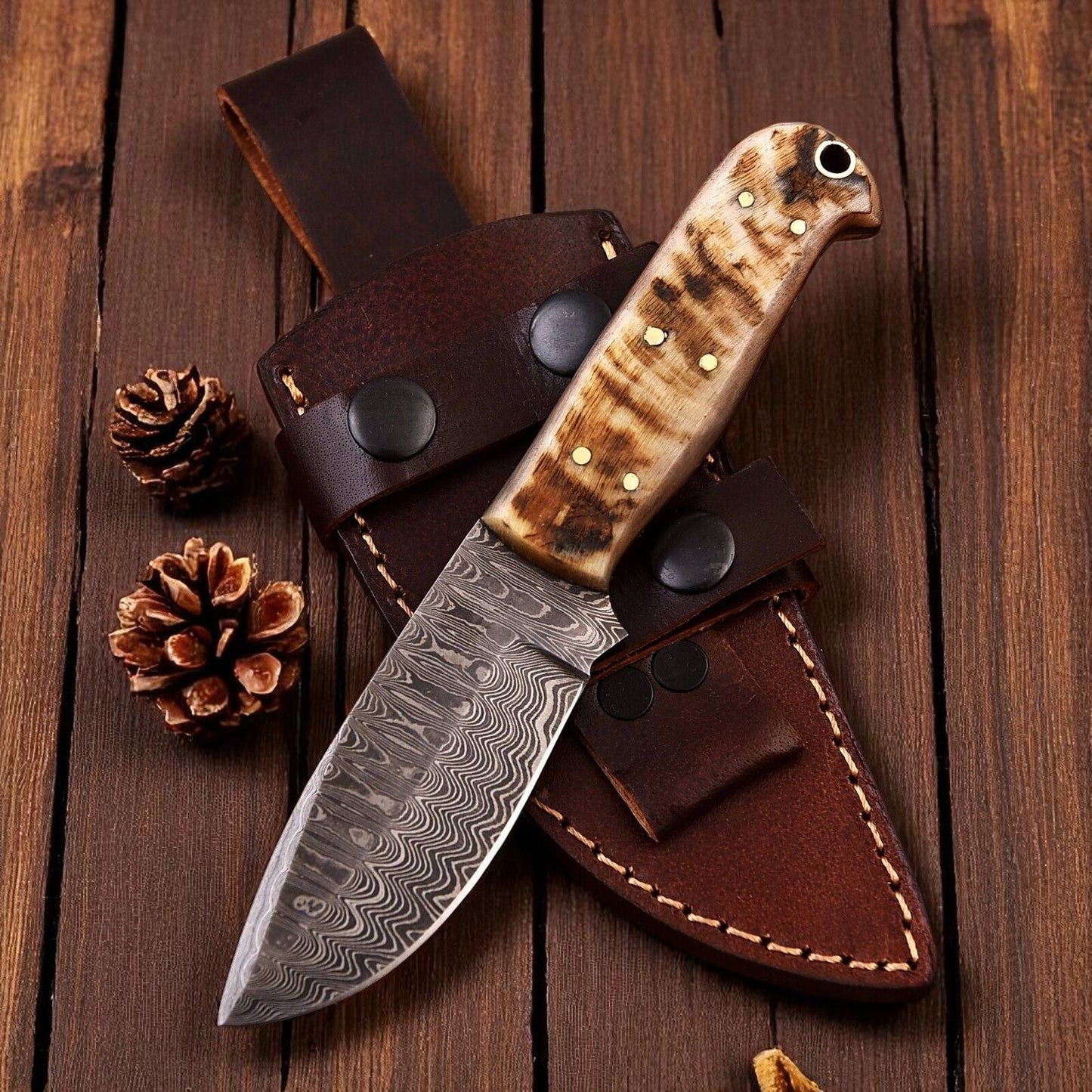 Damascus Knife Store Handmade Damascus Hunting Knife with Sheep Horn Handle - Angler's Pro Tackle & Outdoors