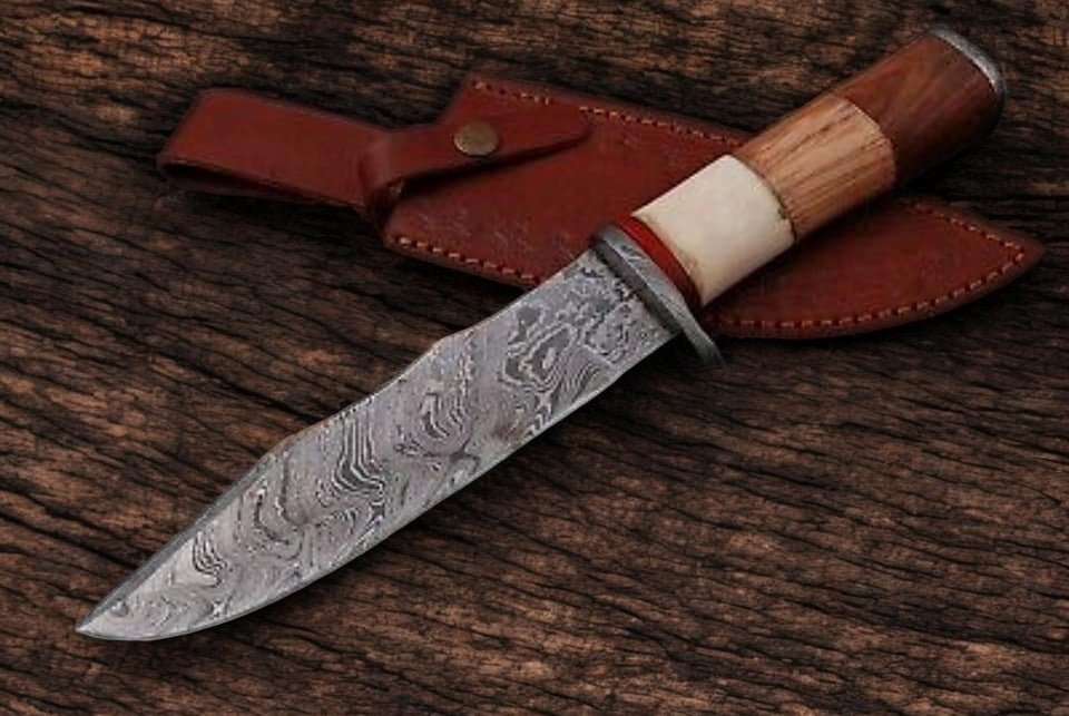 Damascus Knife Store Handmade Damascus Hunting Knife with Wood Handle – 8" - Angler's Pro Tackle & Outdoors