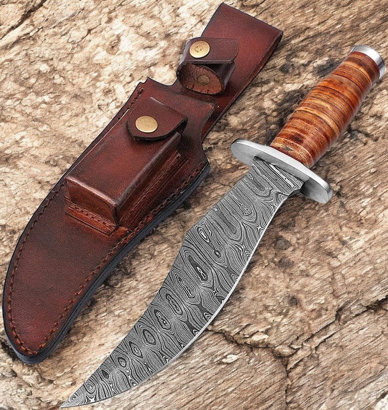 Damascus Knife Store Handmade Damascus Steel Bowie Knife with Leather Handle - Angler's Pro Tackle & Outdoors