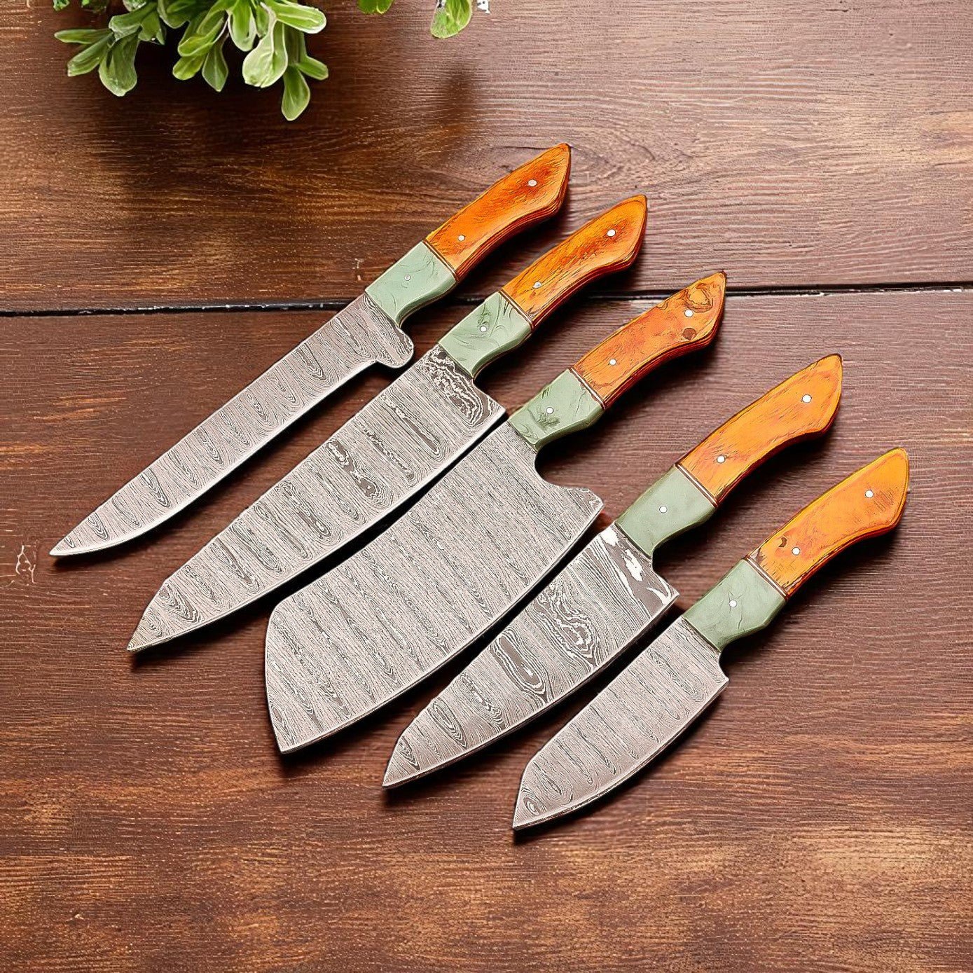 Damascus Knife Store Handmade Kitchen Knives Set with Leather Roll - Angler's Pro Tackle & Outdoors