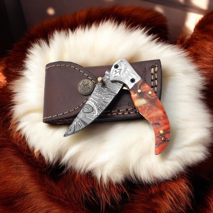 Custom Handmade Fish Style Damascus Steel Folding Knife with Epoxy Resin Handle & Brass Accents - Includes Leather Sheath