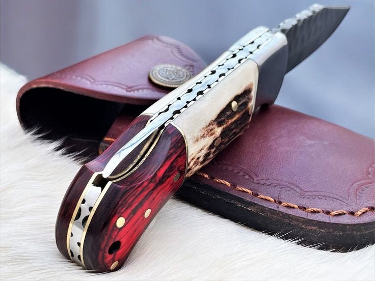 Damascus Knife Store Handmade Pocket Knife – Stag & Pakka Wood - Angler's Pro Tackle & Outdoors