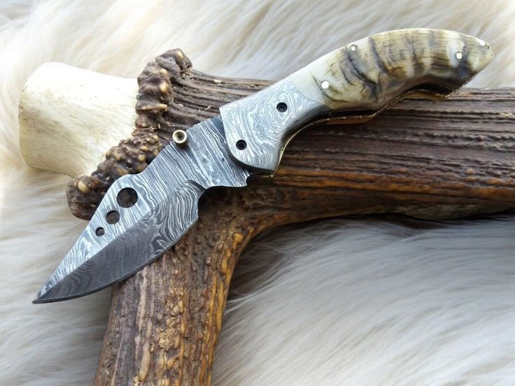 Damascus Knife Store Handmade Pocket Knife with Sheep Horn Handle - Angler's Pro Tackle & Outdoors