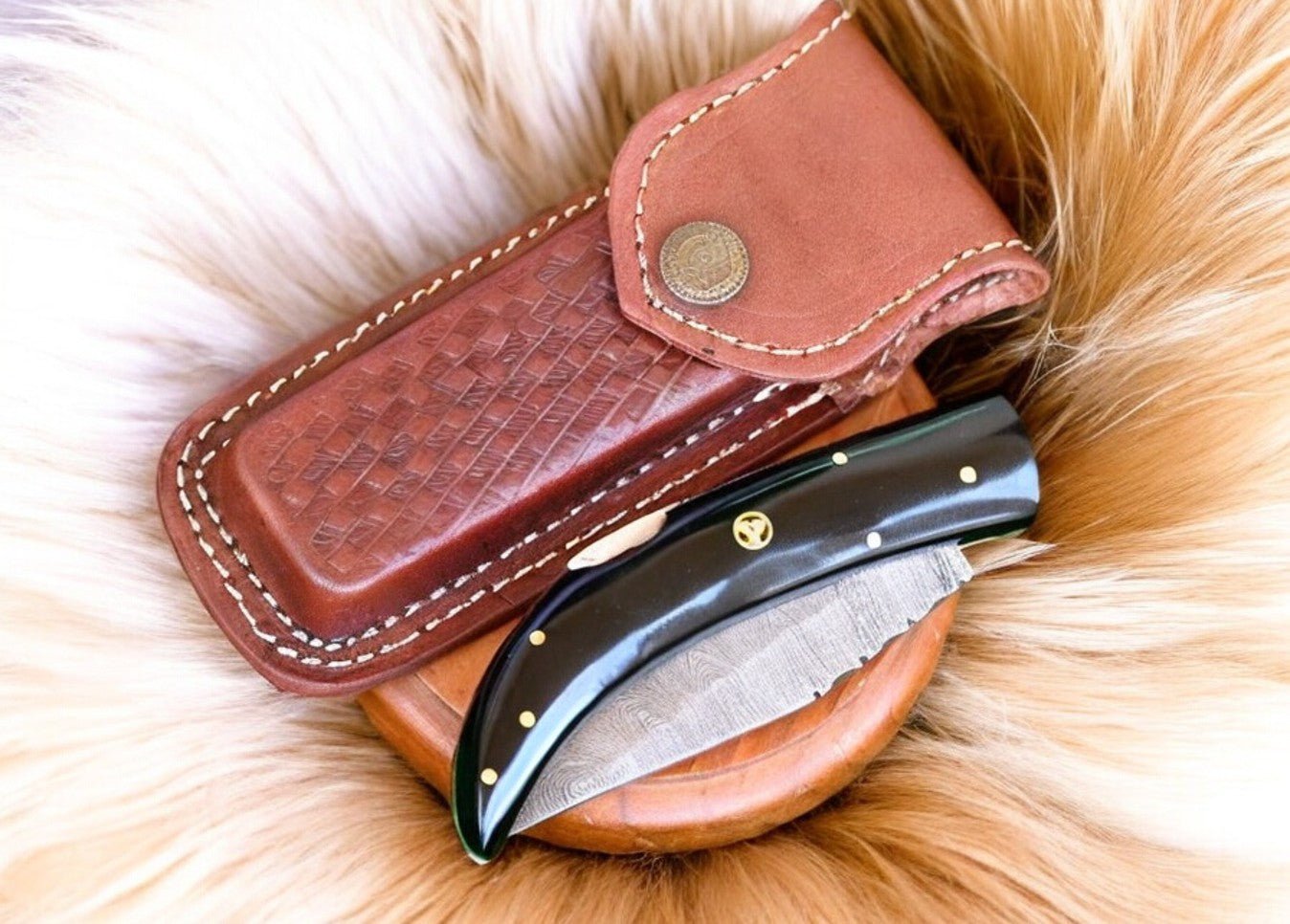 Damascus Knife Store Handmade Steel Pocket Knife with Buffalo Horn - Angler's Pro Tackle & Outdoors