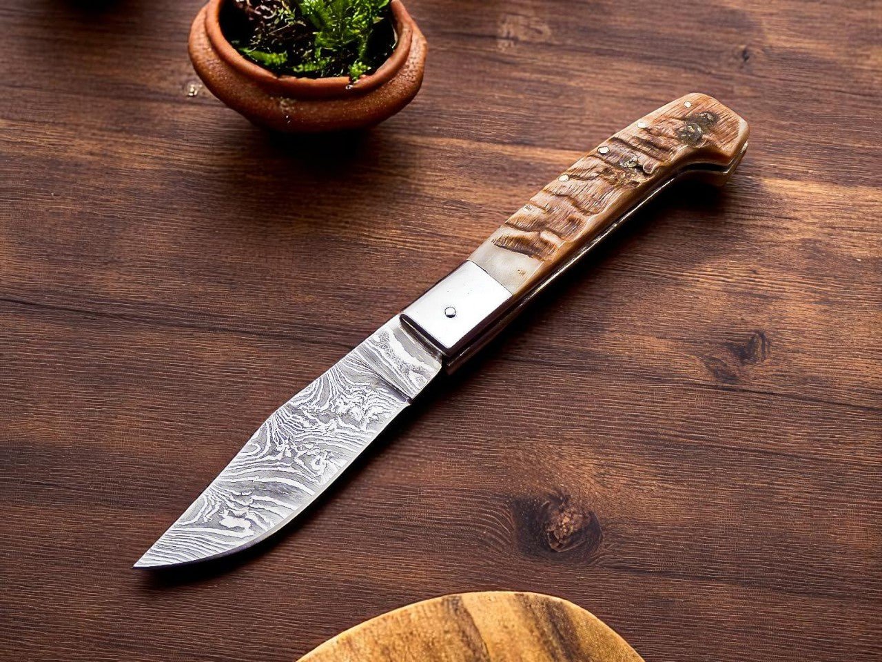 Damascus Knife Store Horn Handle Damascus Folding Knife with Leather Case - Angler's Pro Tackle & Outdoors