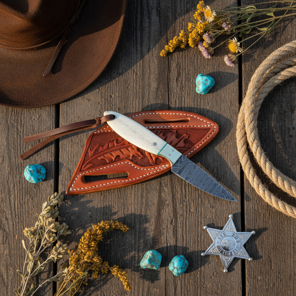 Frontier Cowboy Gear Compact Damascus Western Knife – Bone Handle & Brass Bolster with Leather Sheath | 6.25"