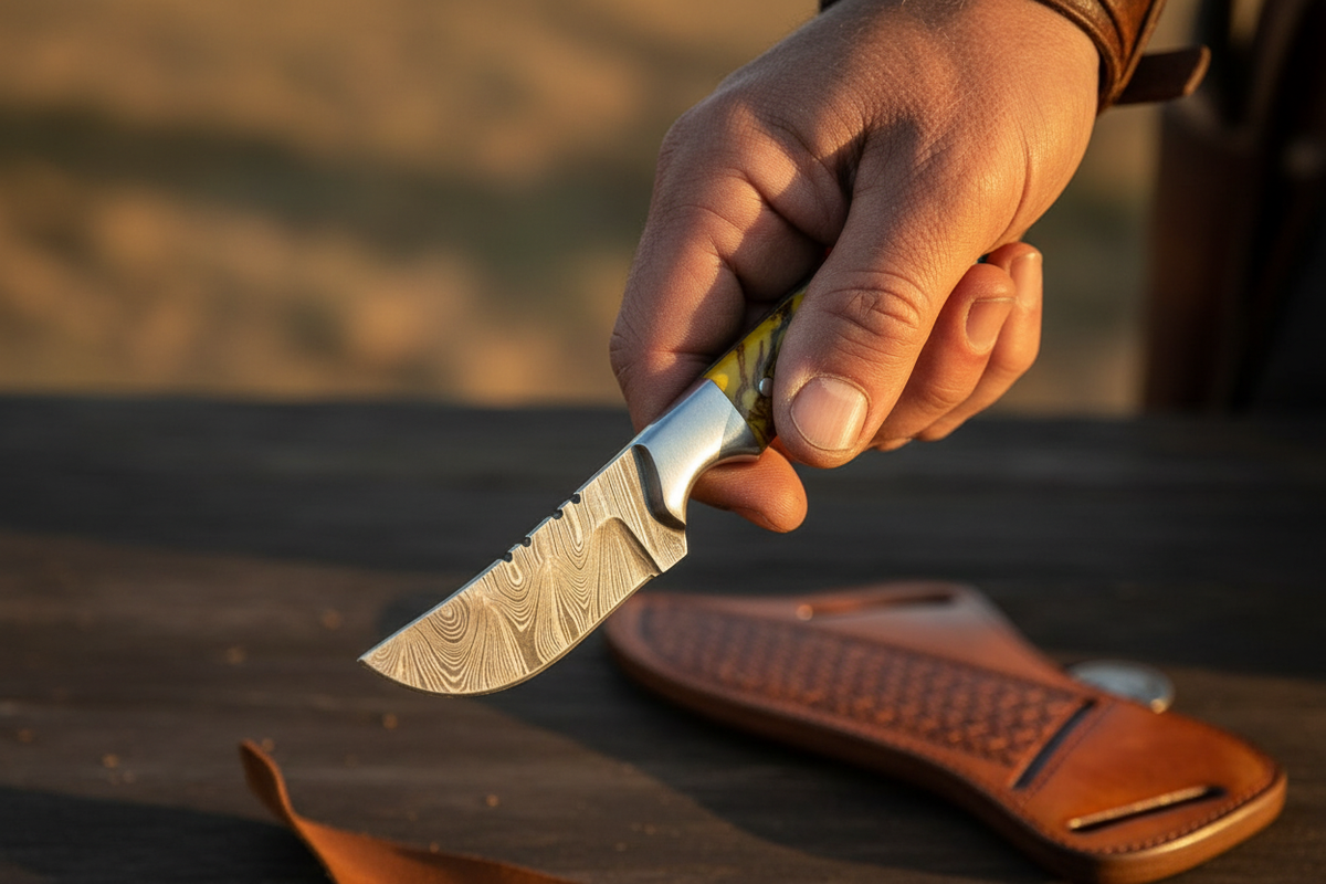 Frontier Cowboy Gear Cross Draw Knife with Sheath – Damascus Steel & Pine Cone Resin Handle | 7.5"
