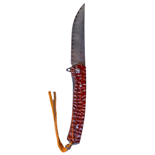 MUCITUP Damascus Flipper Knife Scraped Wood Handle Liner Lock 3.75" Blade 8.2" EDC