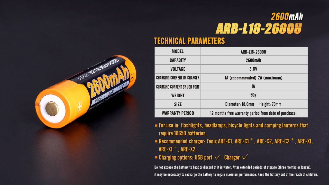 Fenix ARB - L18 - 2600U USB Rechargeable Li - ion 18650 Battery - Angler's Pro Tackle & Outdoors